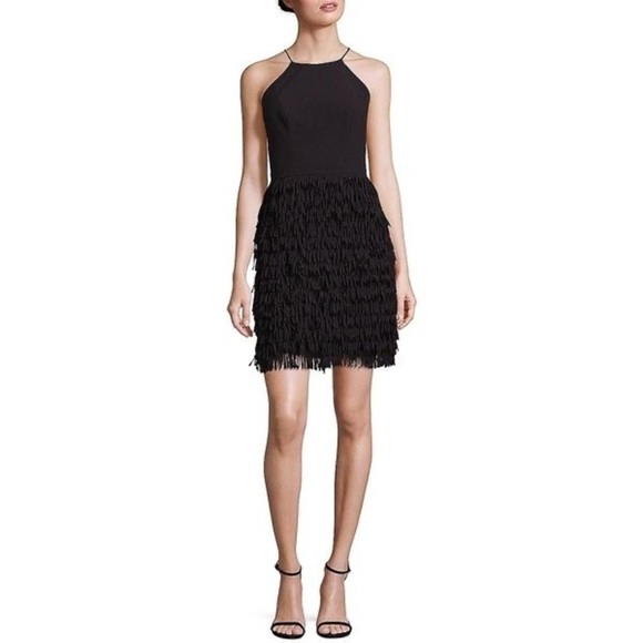 Aidan Mattox / Black Tiered Fringed Georgette-paneled Crepe Mini halter Dress 0 - Picture 2 of 6